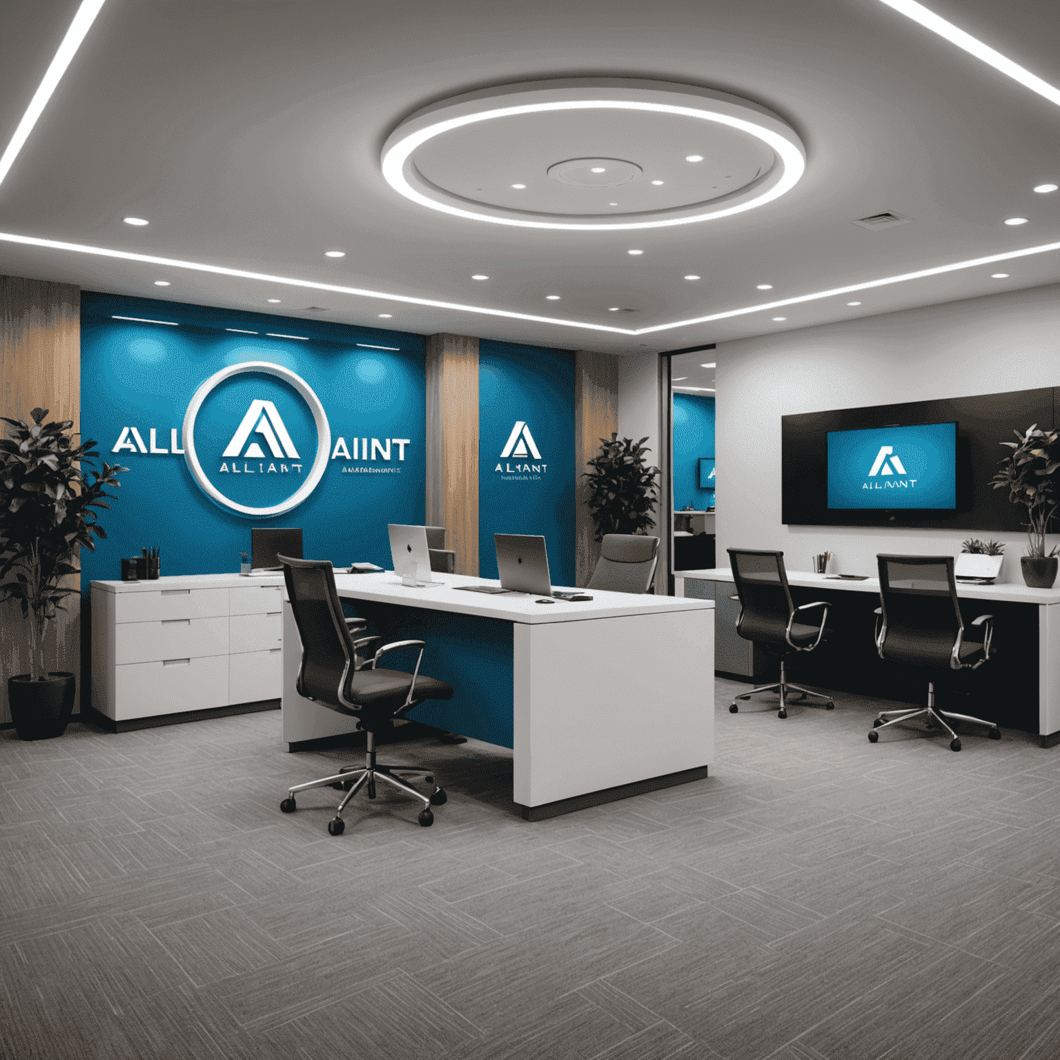 A futuristic office space with Alliant logo, showcasing modern technology and happy professionals collaborating