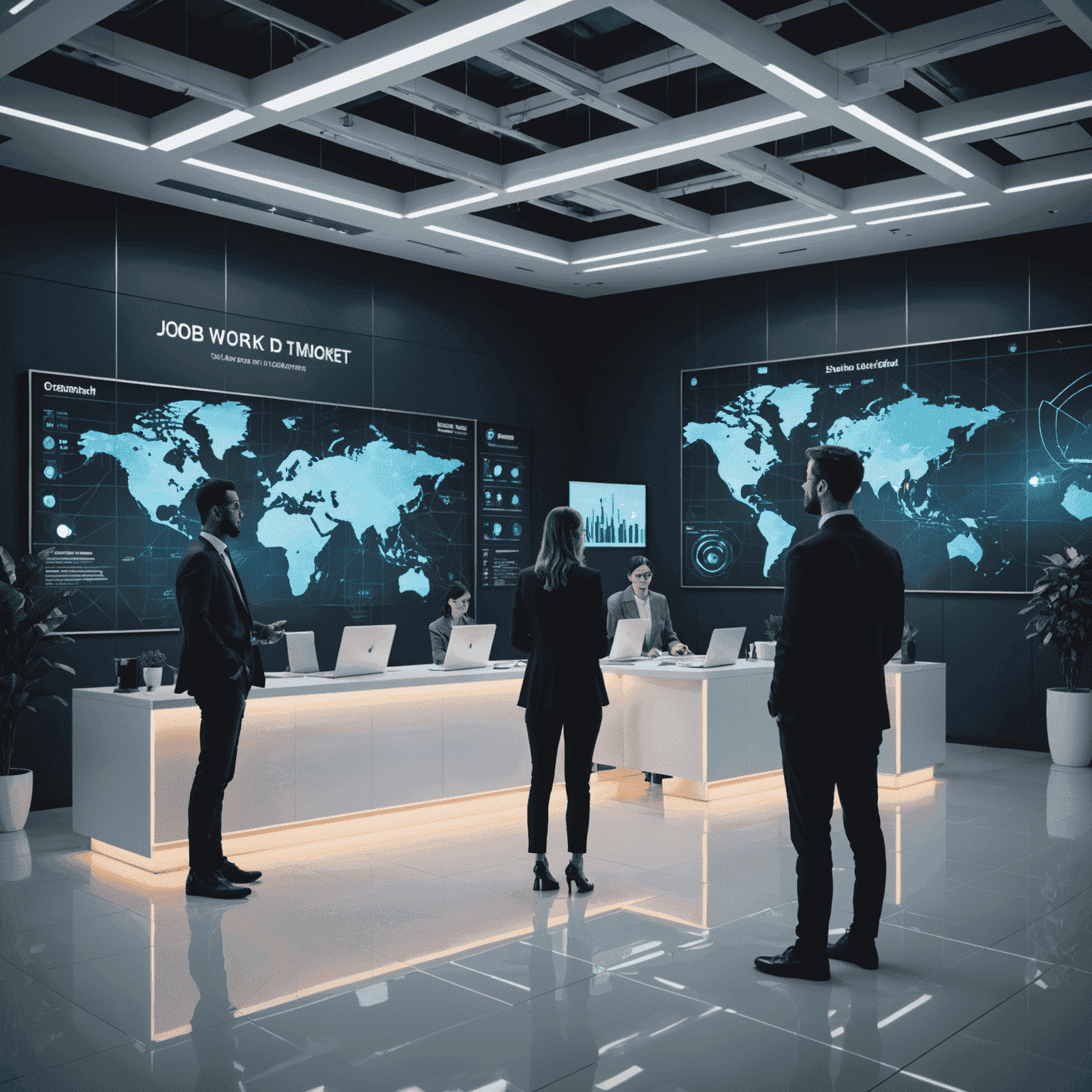 A futuristic office space with holographic displays showing job market data and trends. People are interacting with virtual screens, symbolizing the evolving nature of work.