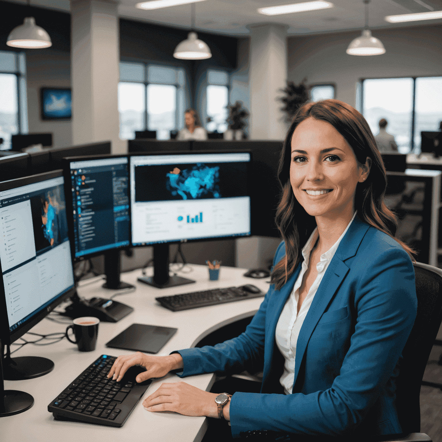 Sarah J., a software engineer in her mid-30s, sitting at a modern workspace with multiple monitors, looking confident and satisfied with her new job placement through Alliant