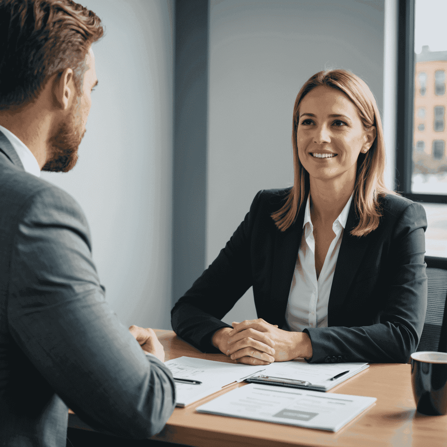 A professional coach sitting across from a job candidate, engaged in a mock interview. The coach is gesturing towards a laptop screen, likely reviewing interview techniques or resume points. The setting is a modern, well-lit office space with Alliant branding visible in the background.