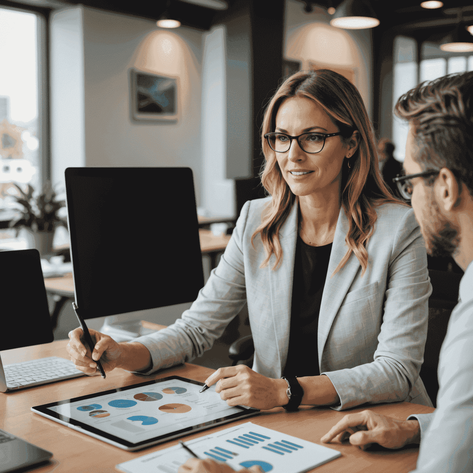 A professional career counselor discussing career options with a client in a modern office setting. The counselor is pointing at a tablet showing various career paths while the client looks engaged.