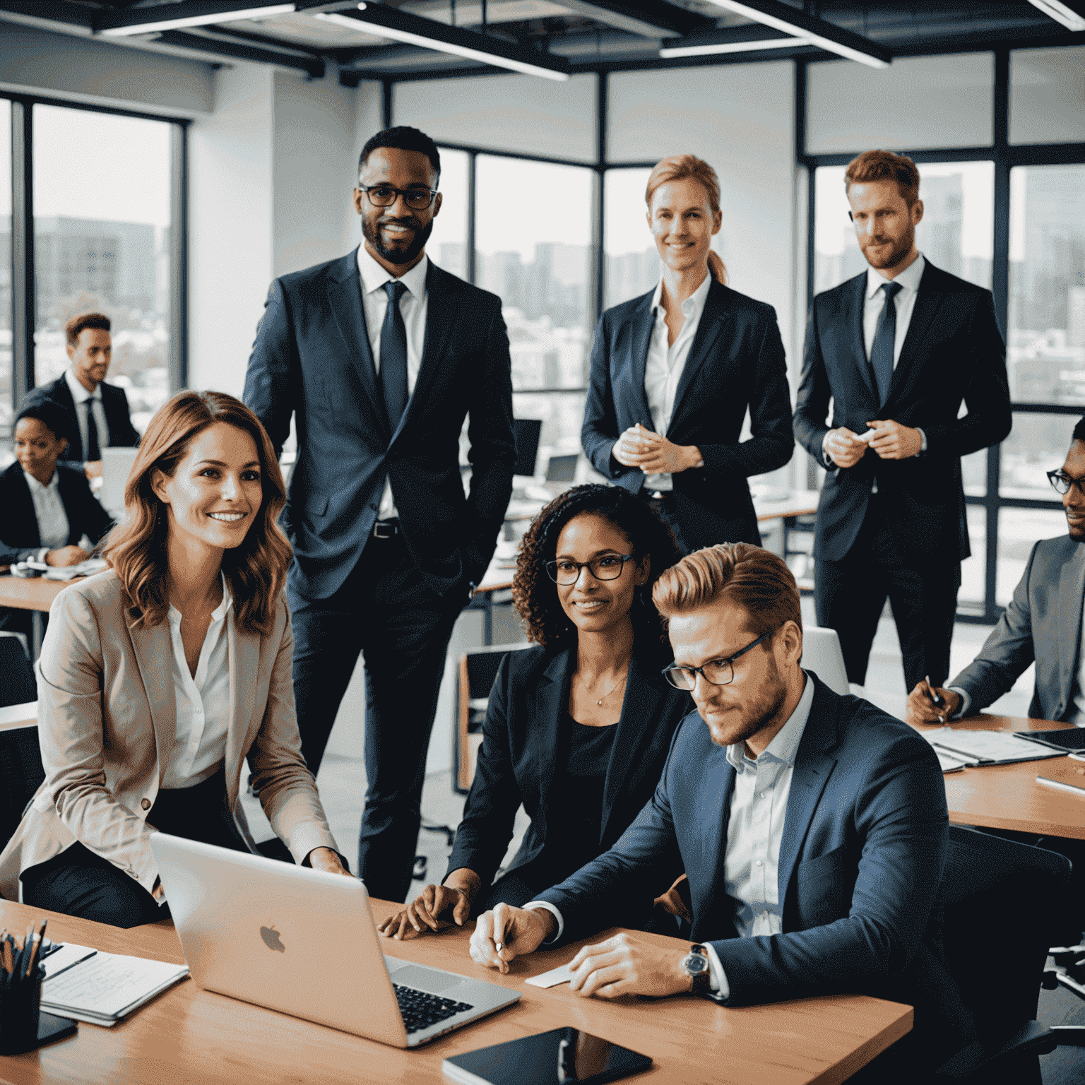 A diverse group of professionals in a modern office setting, collaborating on a project. The image showcases various roles such as executives, IT specialists, and creative professionals, representing the wide range of talent Alliant can source for employers.