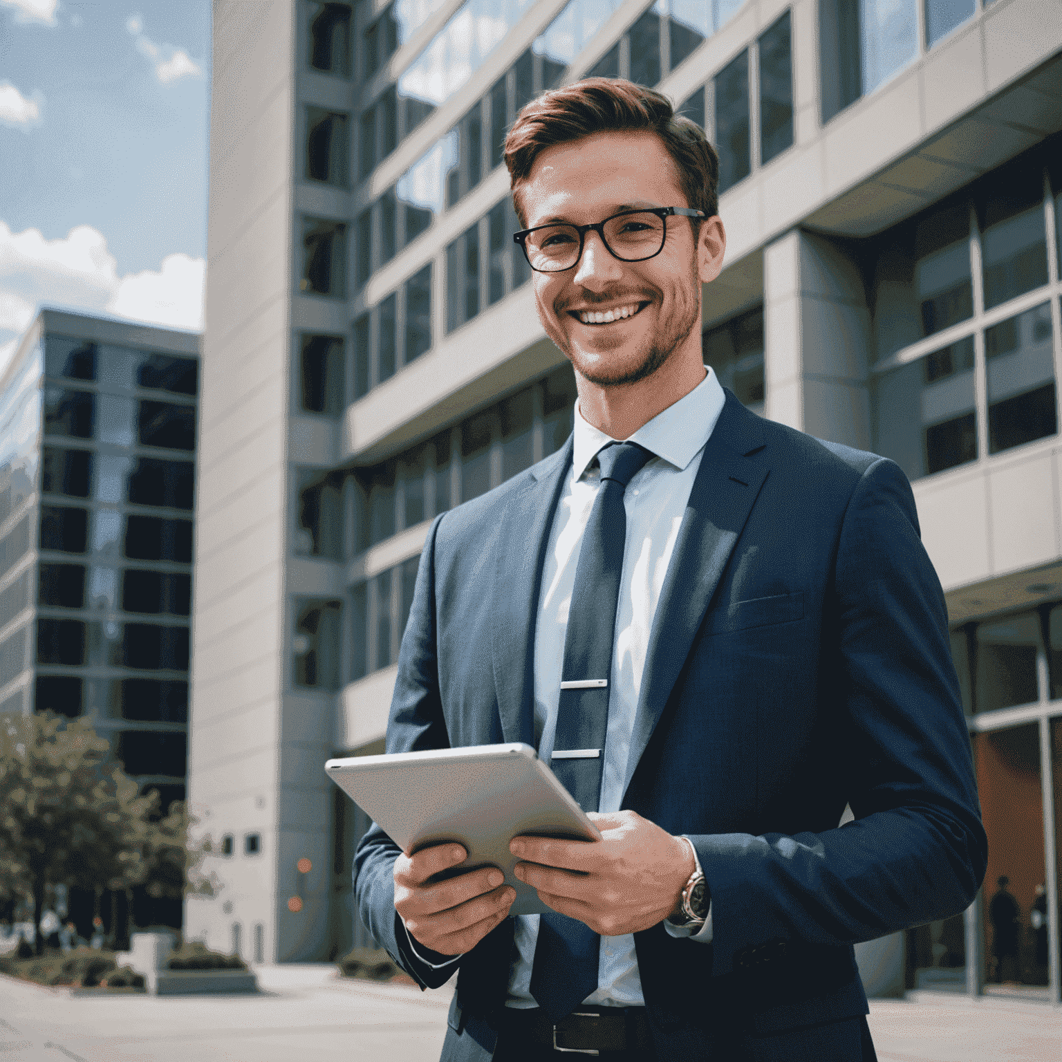 Mark T., a financial analyst in his late 20s, standing in front of a sleek office building, smiling and holding a tablet with financial charts, showcasing his successful placement through Alliant