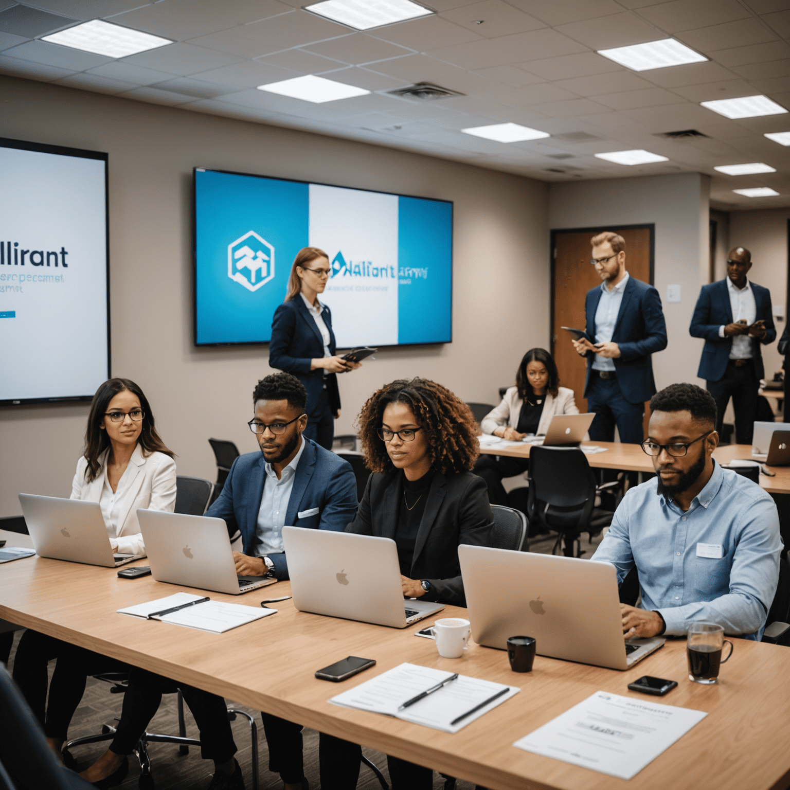 A diverse group of professionals in a workshop setting, engaging in a career development seminar. The room has modern decor with Alliant branding, and participants are using laptops and tablets.