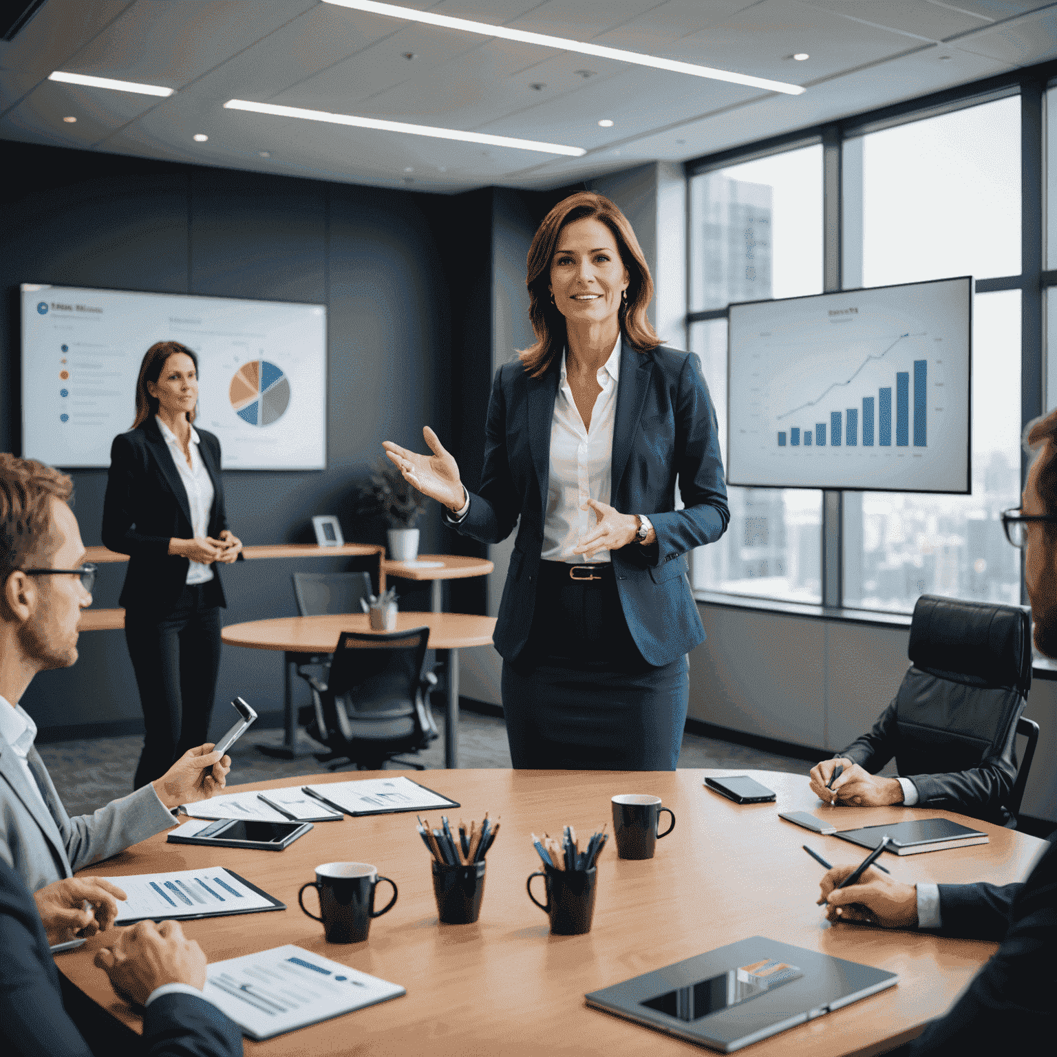 Elena R., a marketing director in her early 40s, presenting to a team in a modern conference room, looking dynamic and successful after her placement through Alliant